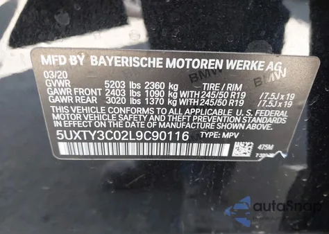2020 BMW X3 Sdrive30I z USA, uszkodzony, nr VIN 5UXTY3C02L9C90116